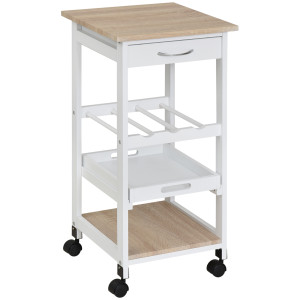 Homcom Carrello da servizio carrello da cucina a ruote 2 ripiani + piano estraibile + cassetto legno di pino bianco quercia chiara