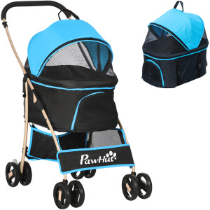 Pawhut Passeggino per Cani Convertibile con 2 Guinzagli e Cuscino, in Acciaio e Poliestere, 82x49.5x98 cm, Azzurro e Nero