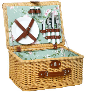 Outsunny Cestino da Picnic in Vimini per 2 Persone con Piatti, Calici, Cavatappi e Posate, 40x30x20 cm, Marrone   Aosom Italy