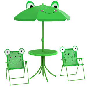 Outsunny Set Tavolo da Giardino con 2 Sedie Pieghevoli e Ombrellone per Bambini in Metallo e Poliestere, Verde Aosom
