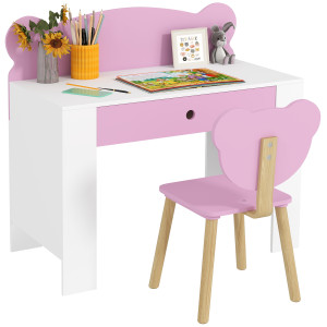 Aiyaplay Set Scrivania per Bambini con Cassetto e Sedia con Schienale a Orsetto, Età 3-8 Anni, Rosa   Aosom Italy