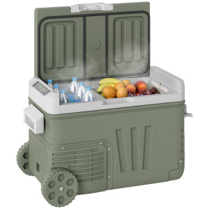 Outsunny Frigorifero da campeggio da 33 L, Frigo da viaggio, Frigo per auto portatile con 2 scomparti e ruote, Plastica, Verde   Aosom Italy