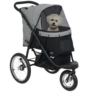 Pawhut Cane Carrozzina, Carrozzina per animali domestici per piccoli cani e gatti, con cestino portaoggetti, design pieghevole con un clic, Grigio