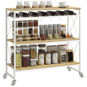Homcom Carrello Portavivande a 4 Livelli con Portabottiglie e 5 Ganci Rimovibili, in Legno e Metallo, 96.5x38x96.7 cm   Aosom Italy