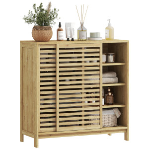 Homcom Armadio da Bagno in Bambù con 2 Porte Scorrevoli Design a Listelli 4 Ripiani Mobiletto Portaoggetti 80x34x80 cm Naturale   Aosom Italy