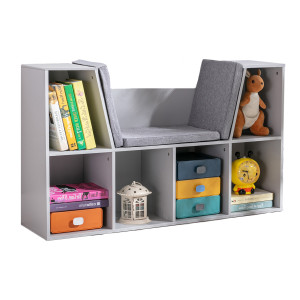 Homcom 2-in-1 Scaffale per bambini Scaffale + Panca con Cuscino 103 cm × 30 cm × 62 cm Bianco + Grigio   Aosom Italy