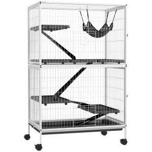 Pawhut Gabbia per Animali Piccoli con Ruote Rampe Amaca e Vassoio Estraibile per Cincillà Furetti 80x52x128 cm Bianco   Aosom Italy