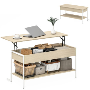 Homcom Tavolino da Centro Sollevabile con Chiusura Morbida Spazio Nascosto di Archiviazione e Scaffale Aperto 95x40x59 cm Legno Naturale e Bianco