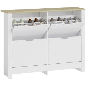 Homcom Armadio Portascarpe 4 Ante Ribaltabili 2 Compartimenti Pannelli Particelle Bianco rovere   Aosom Italy