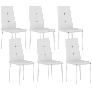 Homcom Set di 6 Sedie Moderno da Pranzo con schienale alto e seduta imbottita, Bottoni e Gambe in Acciaio, Rivestite in PU, Bianco  Aosom Italy