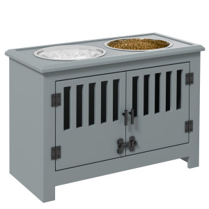 Pawhut Stazione di Alimentazione Rialzata per Cani Grandi, 2 Ciotole in Acciaio Inossidabile, Spazio di Archiviazione, 35,5x60x30 cm, Grigio   Aosom