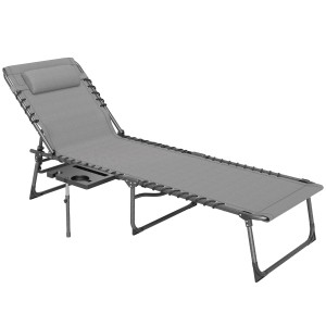 Outsunny Sdraio da Giardino Pieghevole e Reclinabile a 5 Livelli con Tavolino Laterale e Tasca, 60x190x31 cm, Grigio e Nero