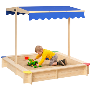 Outsunny Sabbiera per Bambini in Legno con Panca e Tettuccio Parasole Regolabile, 120x120x120cm, Colore Legno e Blu Aosom