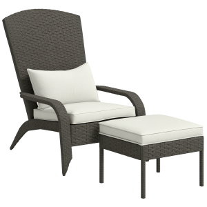 Outsunny Sedia da Giardino con Poggiapiedi e Cuscini Imbottiti, in Rattan e Acciaio, 64x82x89 cm, Grigio e Crema Aosom