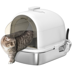 Pawhut Casa Igienica per Gatti Lettiera Chiusa in Acciaio Inossidabile, Facile Pulizia, 52,4 x 41,3 x 39,9 cm, Bianco   Aosom Italy