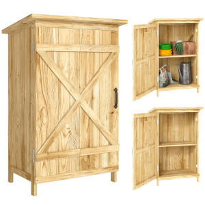 Outsunny Casotto da Giardino in Legno 63,5x40x90 cm Armadio per Archiviazione Attrezzi con 2 Ripiani e Porta Naturale   Aosom Italy