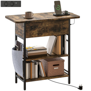 Homcom Tavolino Comodino con Striscia Presa, 2 Ripiani, Porte USB Spazio di Stoccaggio 60 x 29,8 x 58,5 cm Marrone Rustico   Aosom Italy