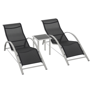 Outsunny Sdraio da Giardino Set 2 Lettino Prendisole con Tavolino con Vetro, Lettini Prendisole con Tessuto Traspirante 59x169x66cm, Nero Aosom