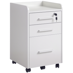 Homcom Cassettiera da Ufficio a 3 Cassetti con maniglie, Ripiano e 5 Ruote, in pannello truciolare e MDF, Bianco,39.2 x 40 x 65.4cm Aosom Italy