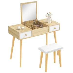 Homcom Set da toletta con specchio ribaltato sgabello imbottito 2 cassetti 5 vani di stoccaggio per casa bianco