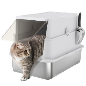 Pawhut Lettiera per gatti, acciaio inossidabile, interno XL, con paletta, grigio chiaro   Aosom Italy