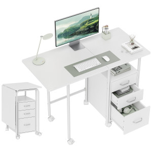 Homcom Scrivania per computer pieghevole su ruote, scrivania con ripiani, 3 cassetti, piano estensibile, 105x51x75,5cm, bianco   Aosom Italy