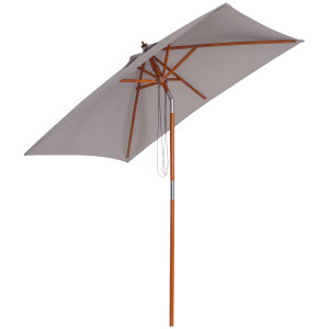 Outsunny Ombrellone da Giardino Inclinabile 2x1.5m, 6 Stecche, Palo in Legno e Apertura a Corda, Grigio Aosom
