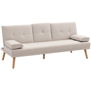 Homcom Divano Letto 3 Posti Reclinabile con Rivestimento Effetto Lino e Tavolino a Ribalta, Beige Aosom