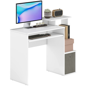 Homcom Scrivania Moderna per PC con Mensola Porta Tastiera, Ripiano e Cassetto in Tessuto, in Legno, 100x40x86.6cm, Bianco Aosom