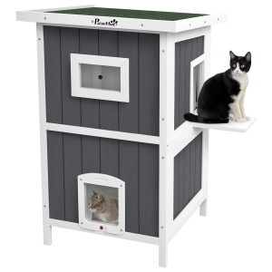 Pawhut Cuccia per Gatti da Esterno in Legno a 2 Livelli con Tetto in Asfalto e 4 Porte, 60x60x90.5cm, Grigio Aosom