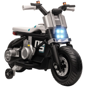 Homcom Moto Elettrica Bambini 3-5 Anni, PP e Metallo, con Rotelle, Clacson e Musica, Gioco Sicuro, 86x44x58 cm, Bianco e Nero Aosom