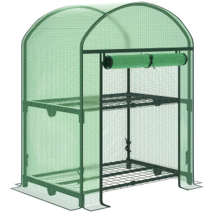 Outsunny Serra portatile da Giardino per Orto con 2 Ripiani in Metallo e Copertura in PE,  2 scaffale con gancio fisso, 69x49x92cm, Verde Aosom Italy