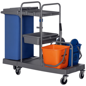 Homcom Carrello Pulizie a 3 Ripiani con Sacco per Immondizia e Strizzatore, 111x63.3x103 cm, Grigio Blu e Arancione