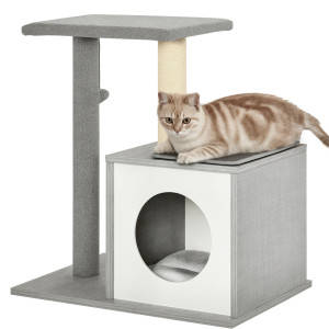 Pawhut Albero Tiragraffi per Gatti con Cuccia, Colonna in Corda Sisal e Palla Sospesa Grigio Aosom