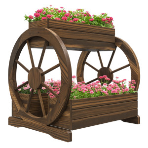 Outsunny Fioriera in Legno da Esterno a 2 Livelli con 3 Vasi e Ruote di Carro Stile Country, 64x54x60cm Aosom