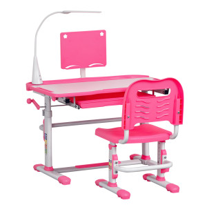 Homcom Set Scrivania per Bambini 6-12 Anni con Sedia Regolabile in Altezza, Cassetto, Luce e Piano Inclinabile, Rosa