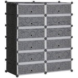 Homcom Mobile Scarpiera Modulare Salvaspazio, 12 Cubi 45x35x16cm in Plastica PP e Acciaio, 94x37x108cm, Nero e Bianco Aosom