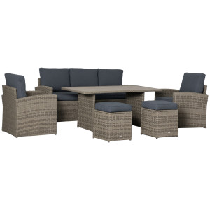Outsunny Set Mobile da Giardino da 6 Pezzi in Rattan PE, Salotto con Divano 3 Posti, 2 Poltrone, 2 Sgabelli e Tavolo, Cuscini Sfoderabili, Grigio