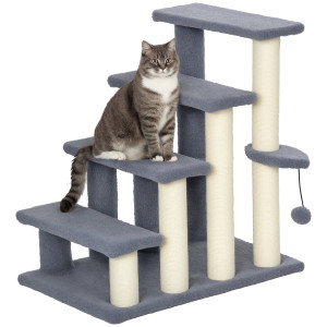 Pawhut Scala per Gatti a 4 Livelli Coperto di Morbida Franela Palo di Sisal Palla Appesa 60x40x64 cm Grigio   Aosom Italy