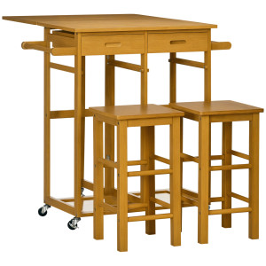 Homcom Carrello da Cucina con Tavolino Pieghevole e 2 Sgabelli, Ruote e Cassetti in Legno di Bambù   Aosom Italy
