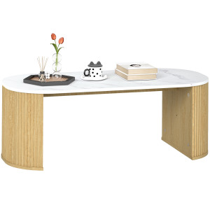 Homcom Tavolino ovale, tavolino d'appoggio effetto marmo, angoli arrotondati piedi spessi, 110 x 50 x 40 cm, bianco   Aosom Italy