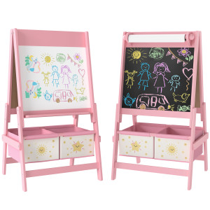 Aiyaplay Lavagna per Bambini 3 in 1 con Cavalletto, Rotolo di Carta e 2 Cestelli, in Legno, 54x46x94 cm, Rosa   Aosom Italy