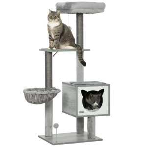 Pawhut Albero per Gatti tiragraffi graffiatoi multi-accessori cuccia amaca peluche corta sisal naturale 48x40x126cm grigio   Aosom Italy