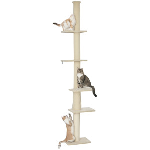 Pawhut Albero per Gatti, altezza regolabile da 225-275 cm, base stabile, set anti-ribaltamento, copertura in peluche, Crema   Aosom Italy