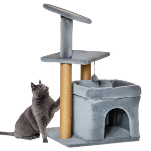 Pawhut Albero Tiragraffi per Gatti con Pali in Corda Juta, Casetta e Cuscino per Gatti, Rivestimento in Peluche, Altezza 84cm, Grigio Aosom