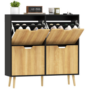 Homcom Mobile Portascarpe Stretto con 4 Cassetti Ribaltabili e Ripiani Regolabili per 16 Paia 95x26x95 cm Naturale e Nero   Aosom Italy