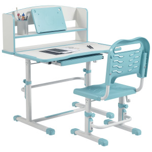 Zonekiz Set Tavolo e Sedie Regolabile per Bambini 6-12 Anni, Piano Inclinabile per Comfort Massimo, Ideale per Studio e Disegno - Blu Aosom Italy