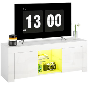 Homcom Mobile TV con Illuminazione LED, 2 Porte Armadio, Ripiano in Vetro, Passacavi, per Soggiorno, Truciolato, Bianco   Aosom Italy