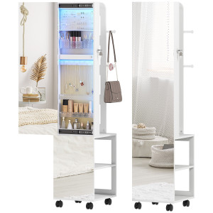 Homcom Specchio Porta Gioielli con Luci LED Armadio per Gioielli a Giro di 360° Serratura e Chiavi Superficie Bianca e Rivestimento Beige   Aosom