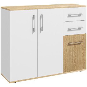 Homcom Credenza con 3 porte, 2 cassetti e ripiano regolabile, 90 x 30 x 75,5 cm, Bianco e legno naturale   Aosom Italy